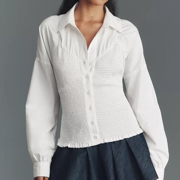 Maeve Smocked Corset Buttondown Shirt M $118 NWT - Picture 2 of 3